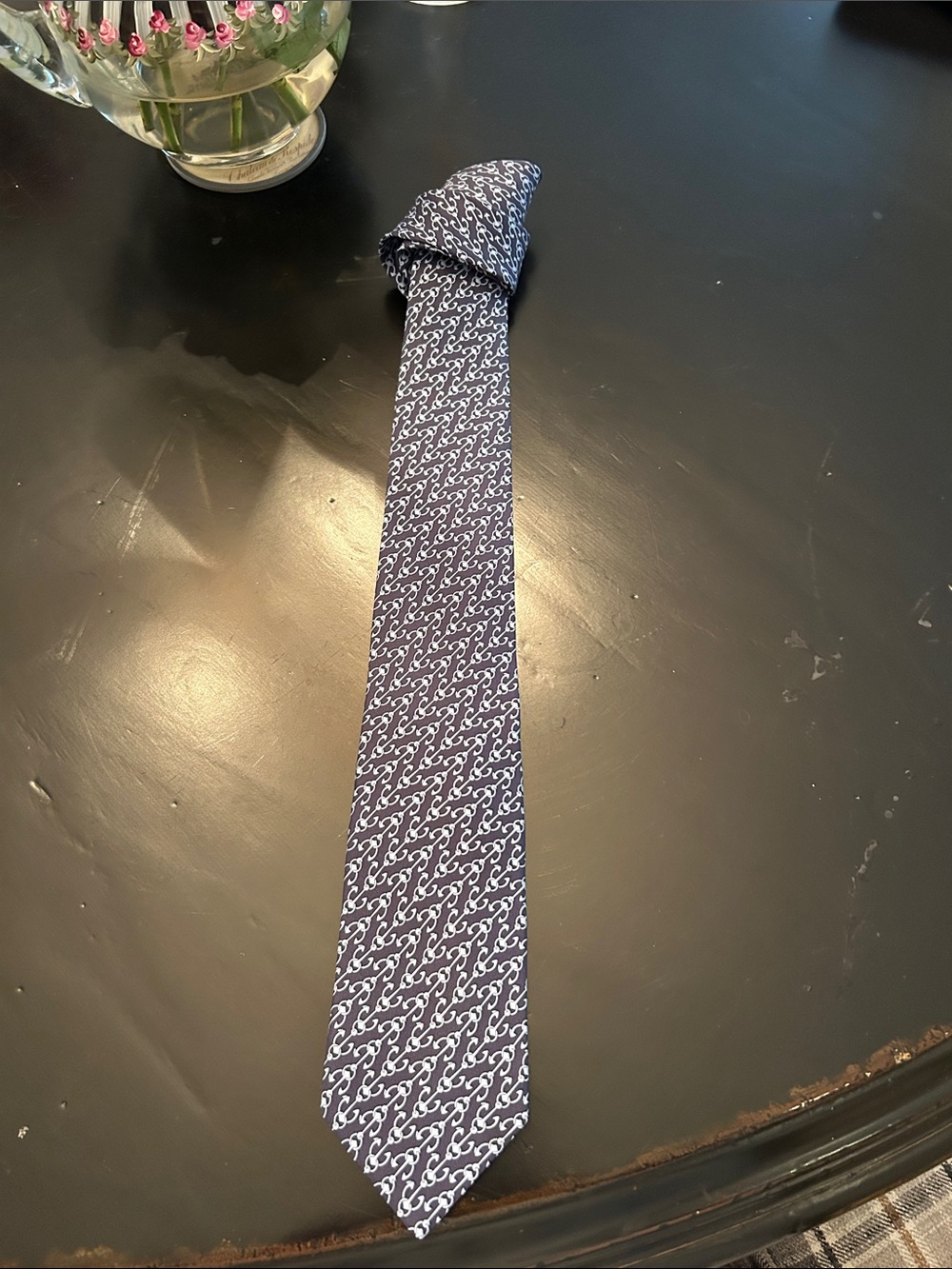 Hermes Paris Men's Navy Patterned Silk Tie - Classic Navy